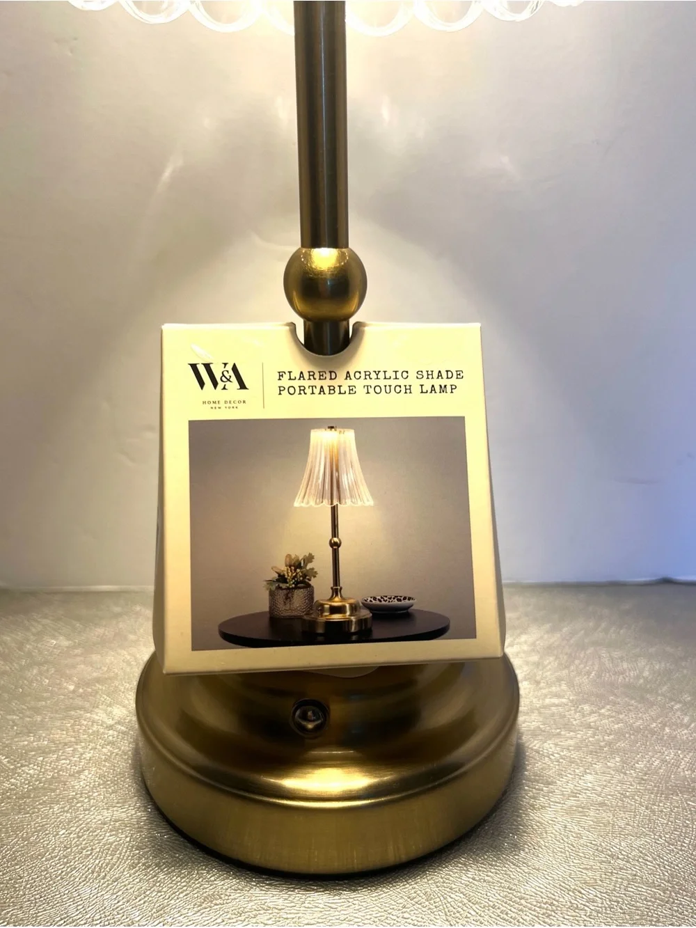 NEW W&A Home Decor Clear Acrylic Shade Rechargeable Touch Gold Table Lantern 12”